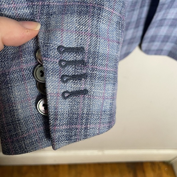 E.thomas Linen Wool Silk Blazer 46R Blue Pink Window Full Canvas Dual Vent - Picture 2 of 11